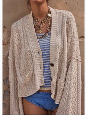 Free People Washed Ashore Cardi Large Knit Tea Beige Cream Oatmeal sz xs